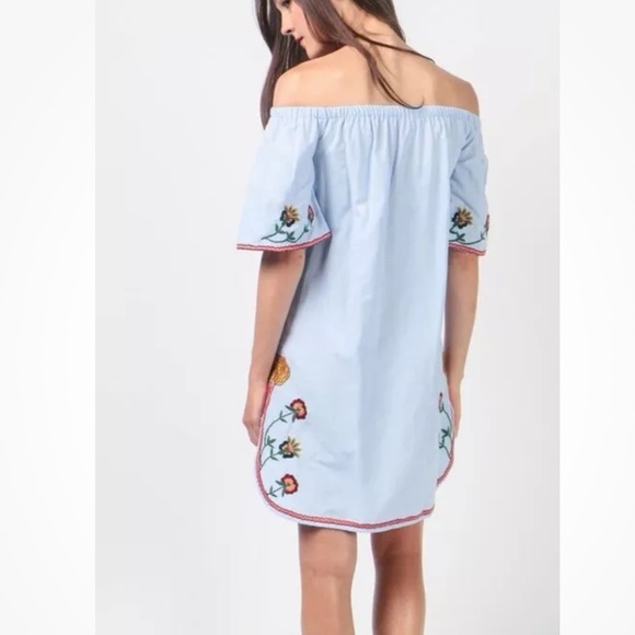 Zara Blue Off Shoulder Floral Embroidered Cotton Dress Boho XS - Picture 3 of 10